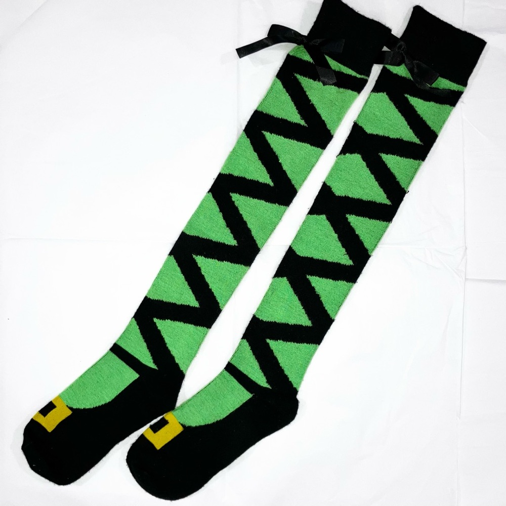 Wicked Witch Elphaba Green Black Knee High Socks Bows Cozy OS NWOT